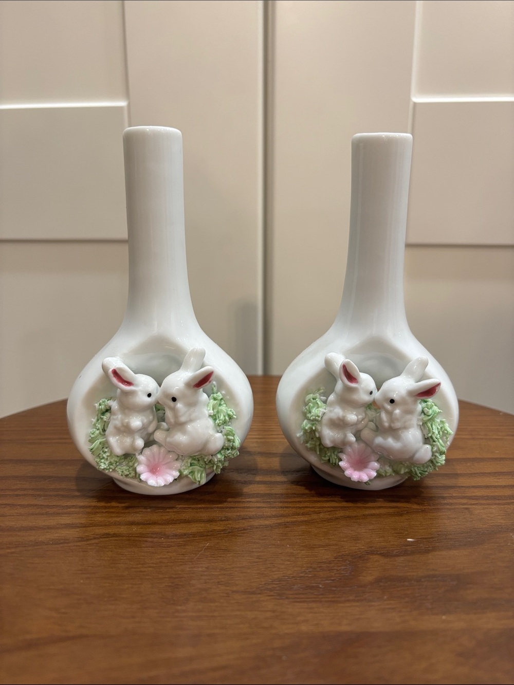 Pair of White Ceramic Bunny Bud Vases with Pink Floral Accents